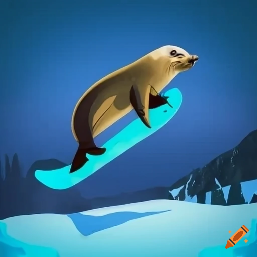 seal snowboarding on snowy slope