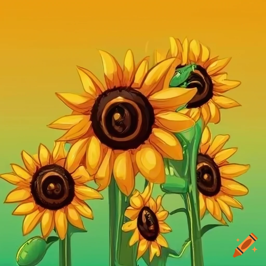 Cartoon illustration of happy sunflowers on Craiyon