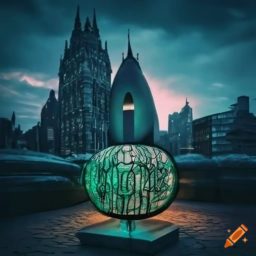surrealist urban park with gothic and futuristic elements