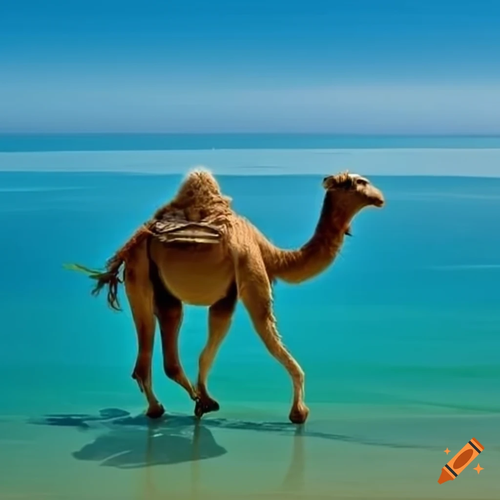 camel standing near the sea