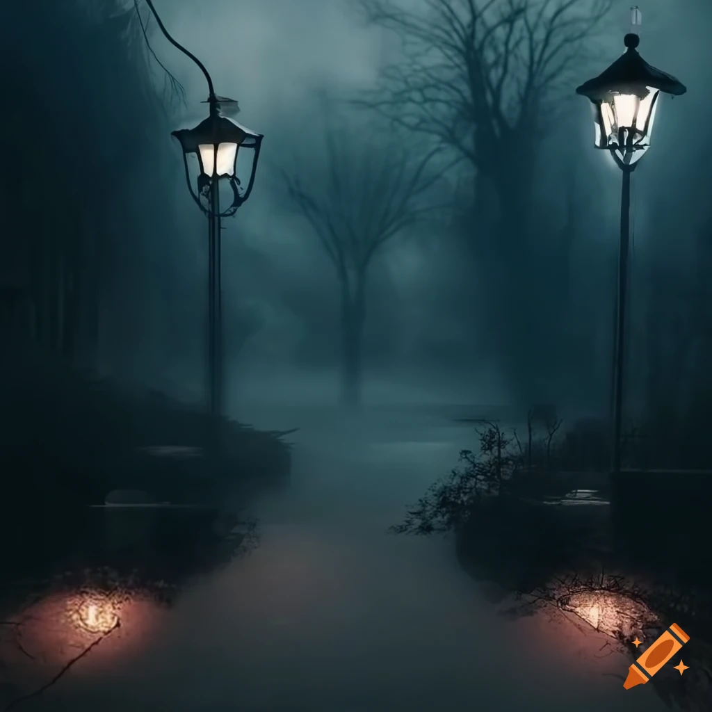 surreal urban park with unique sculptures and lamps