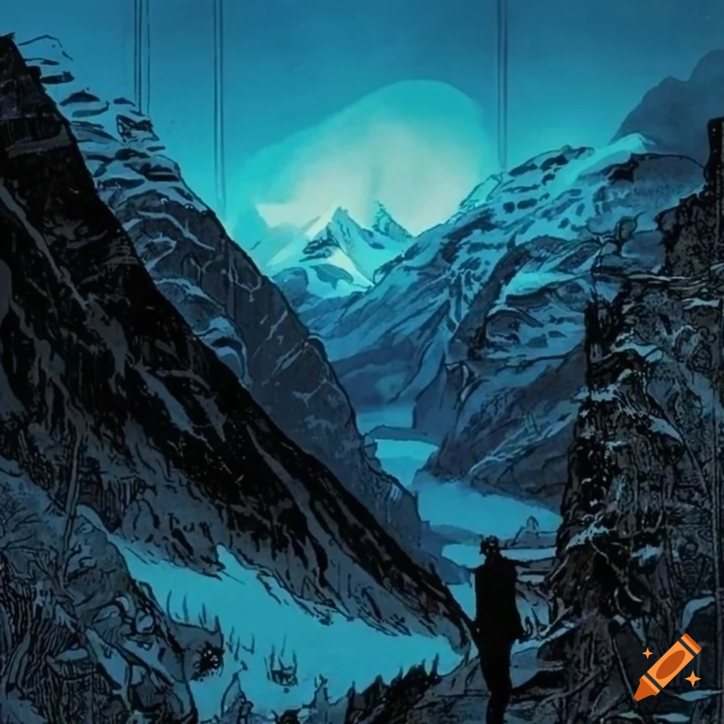 Swiss mountain valley scene from a graphic novel on Craiyon