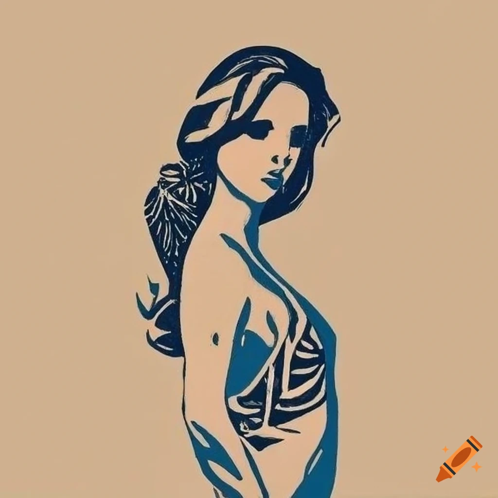 linocut of a woman at the beach