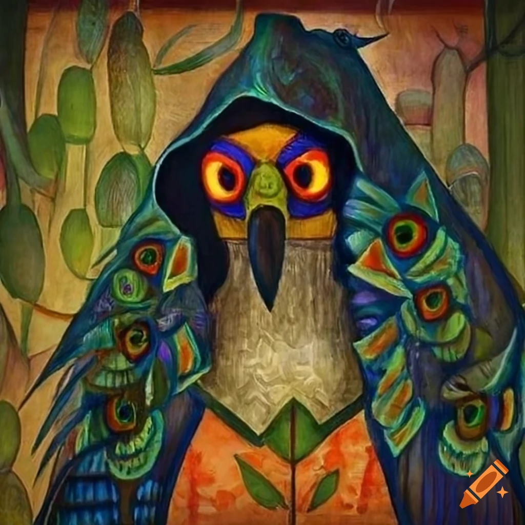 storybook illustration of a Raven in a colorful feather cloak