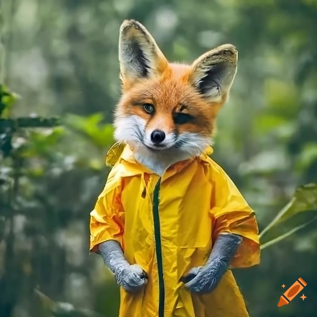 photograph of a fox in a yellow raincoat in the jungle