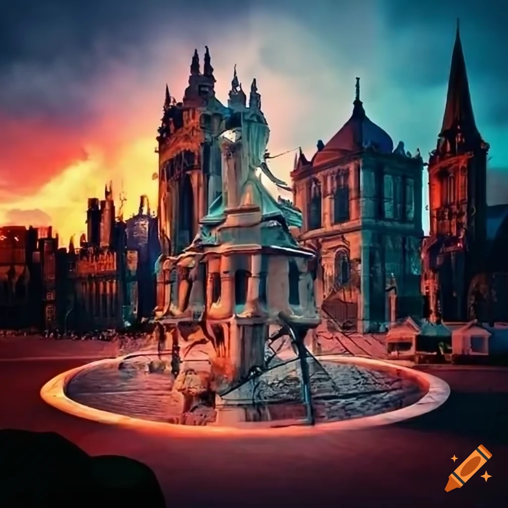 surreal city park with gothic and futuristic elements
