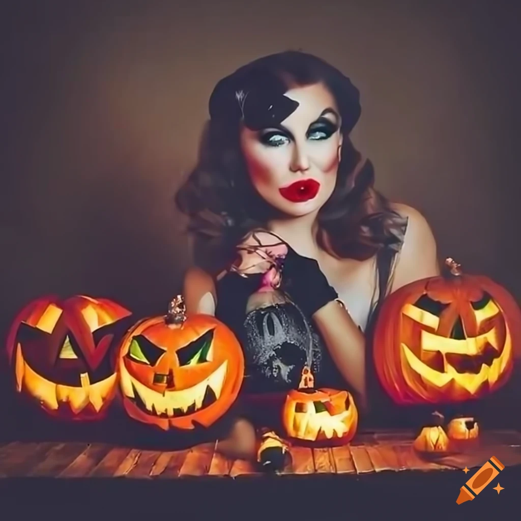 Halloween-themed pinup girl with jack-o-lanterns