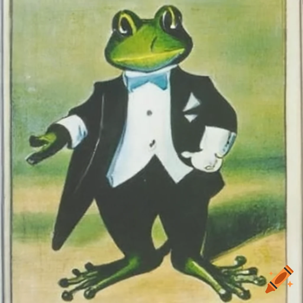 anthropomorphic frog wearing a tuxedo