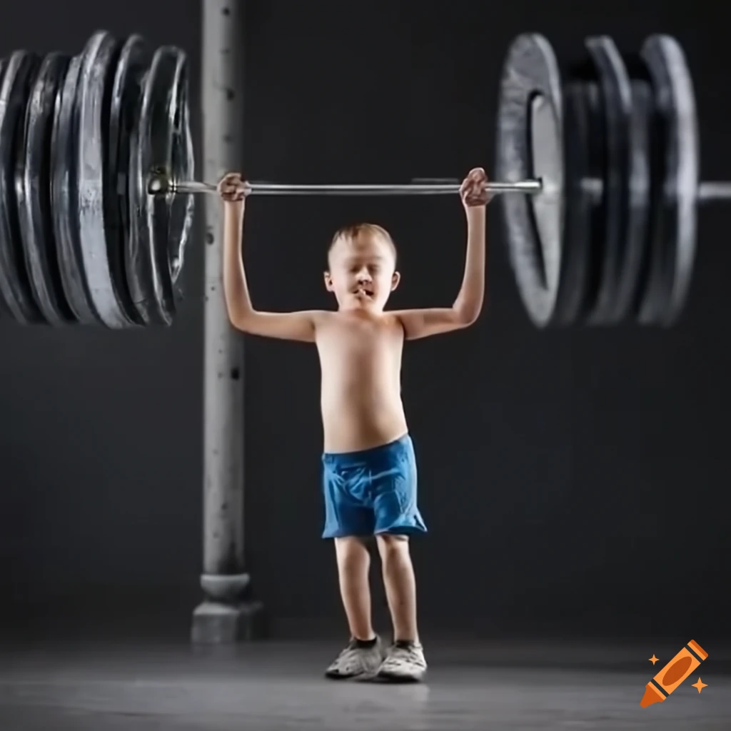 photo of a young boy lifting a heavy barbell