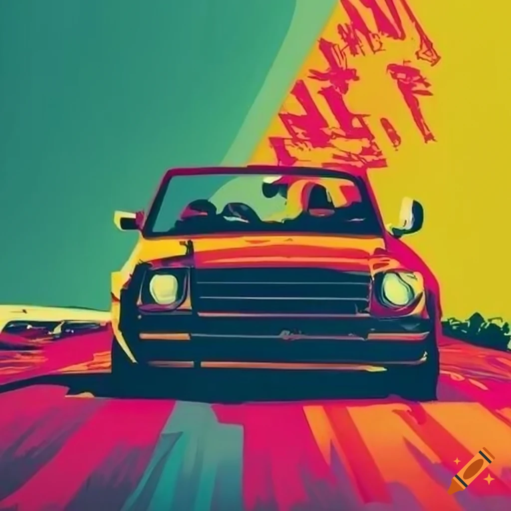 pop art style of a man driving a car on the highway