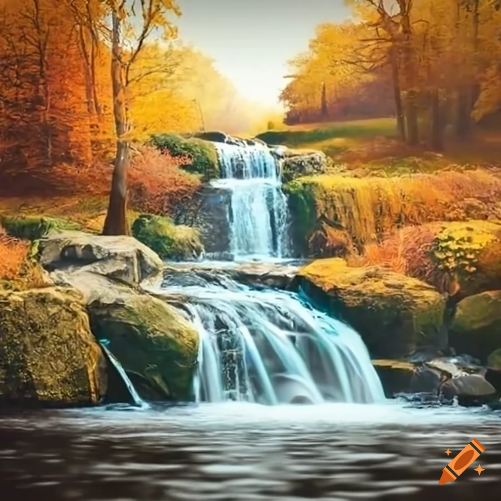 Kid and dog playing near a waterfall in fall season on Craiyon
