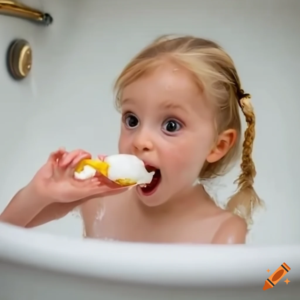 cute toddler girl in bath eating a popsicle
