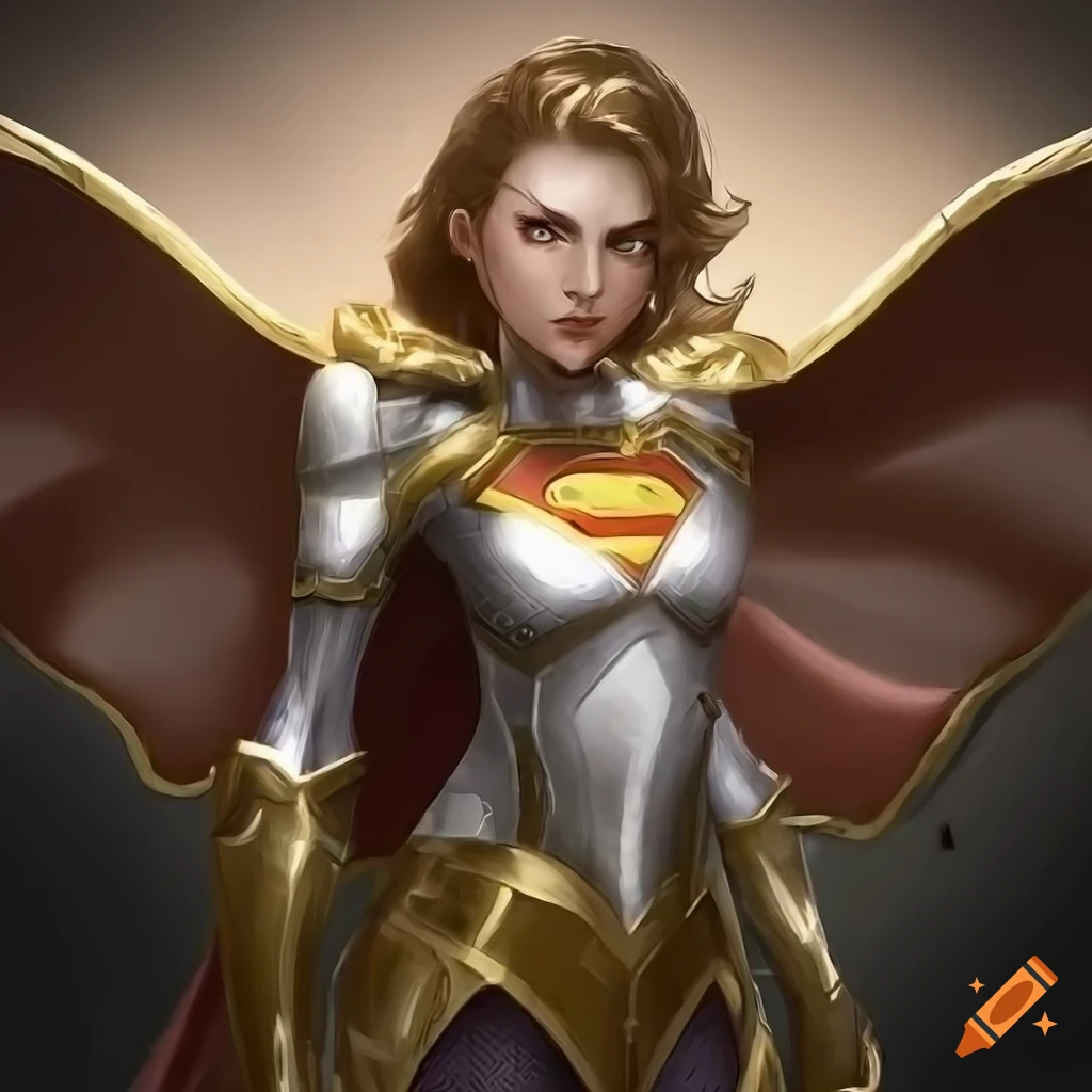 Fantasy concept art of supergirl in white and gold armor on Craiyon