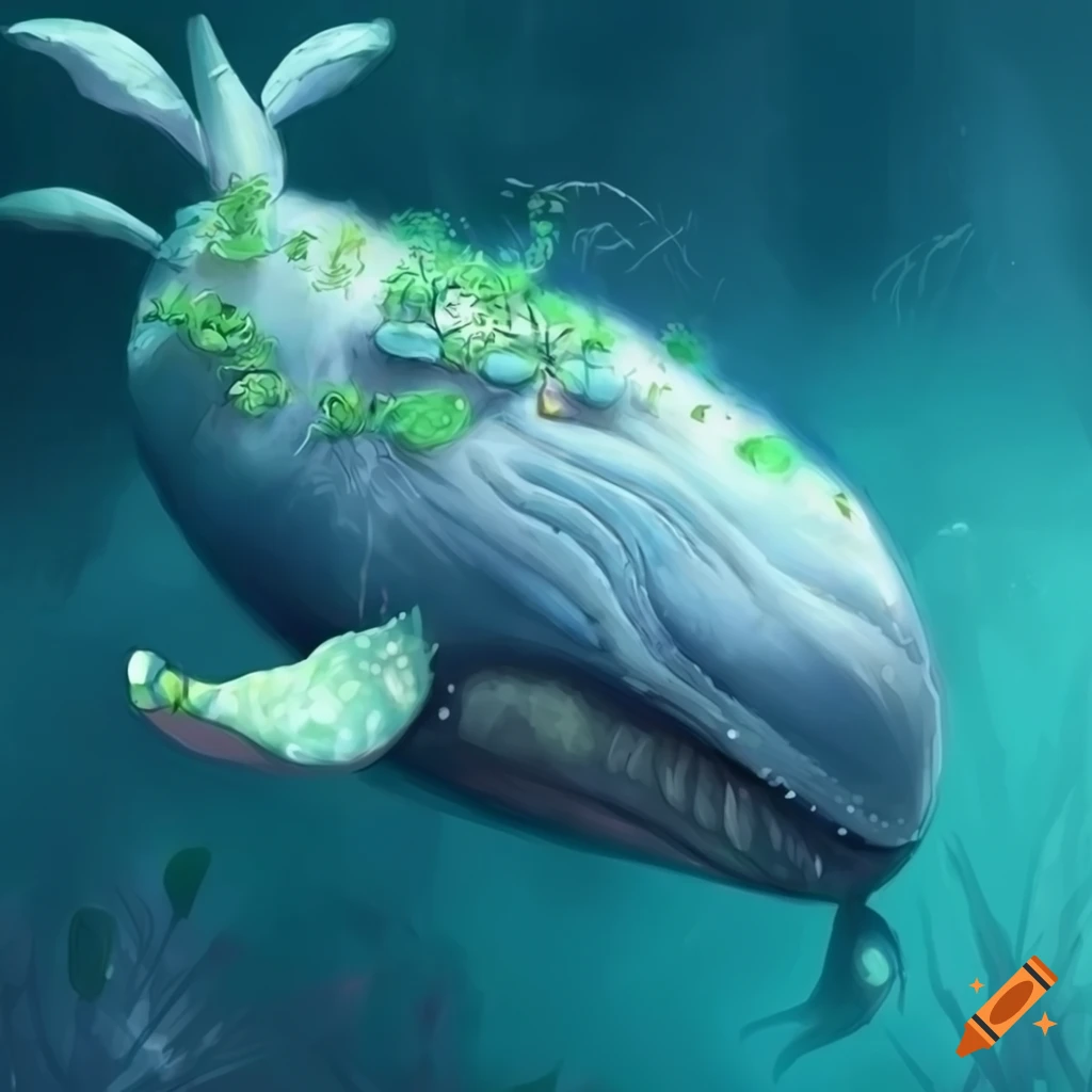 whale covered in underwater plants in a fantasy art style