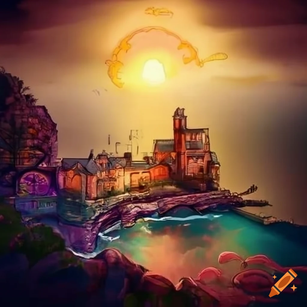 Picture of a steampunk mansion overlooking a port on craiyon