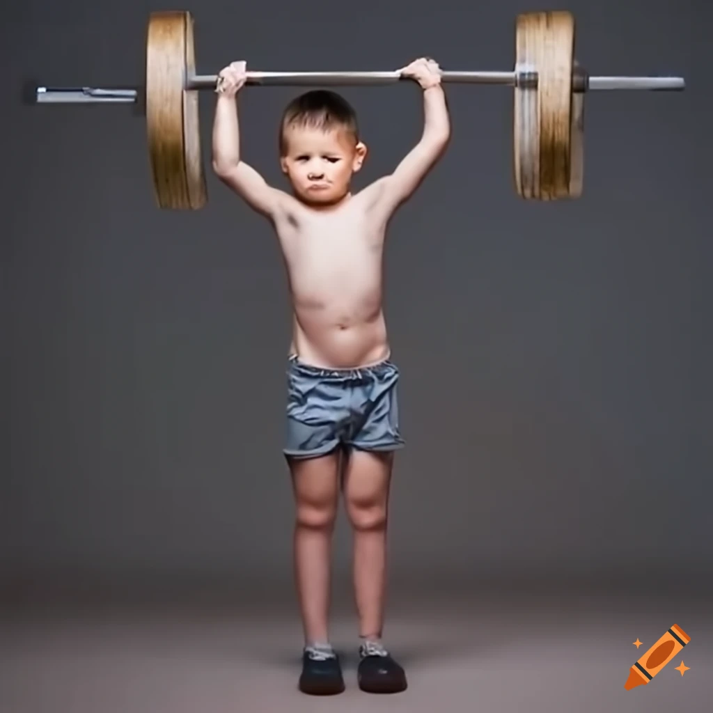 photo of a young boy lifting a heavy barbell