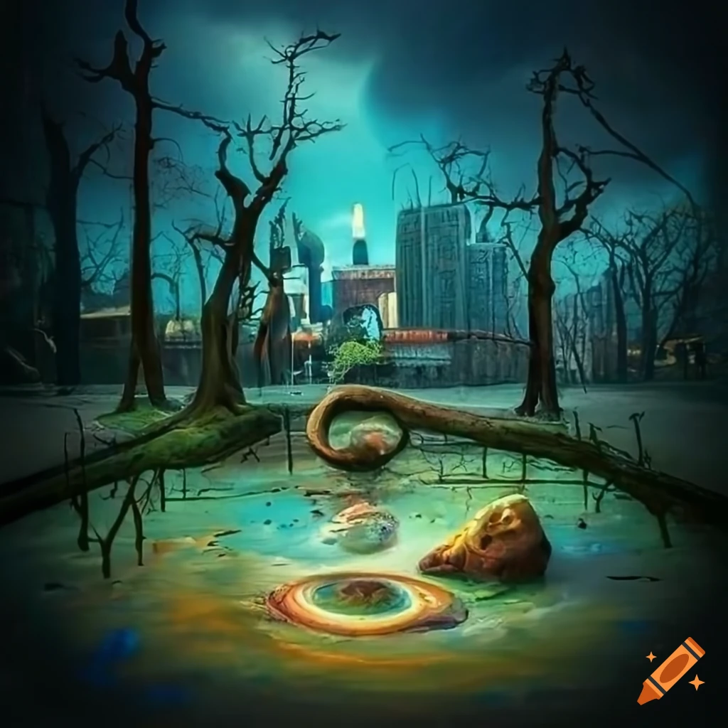 Surreal urban park with an ornamental fountain and graffiti on Craiyon