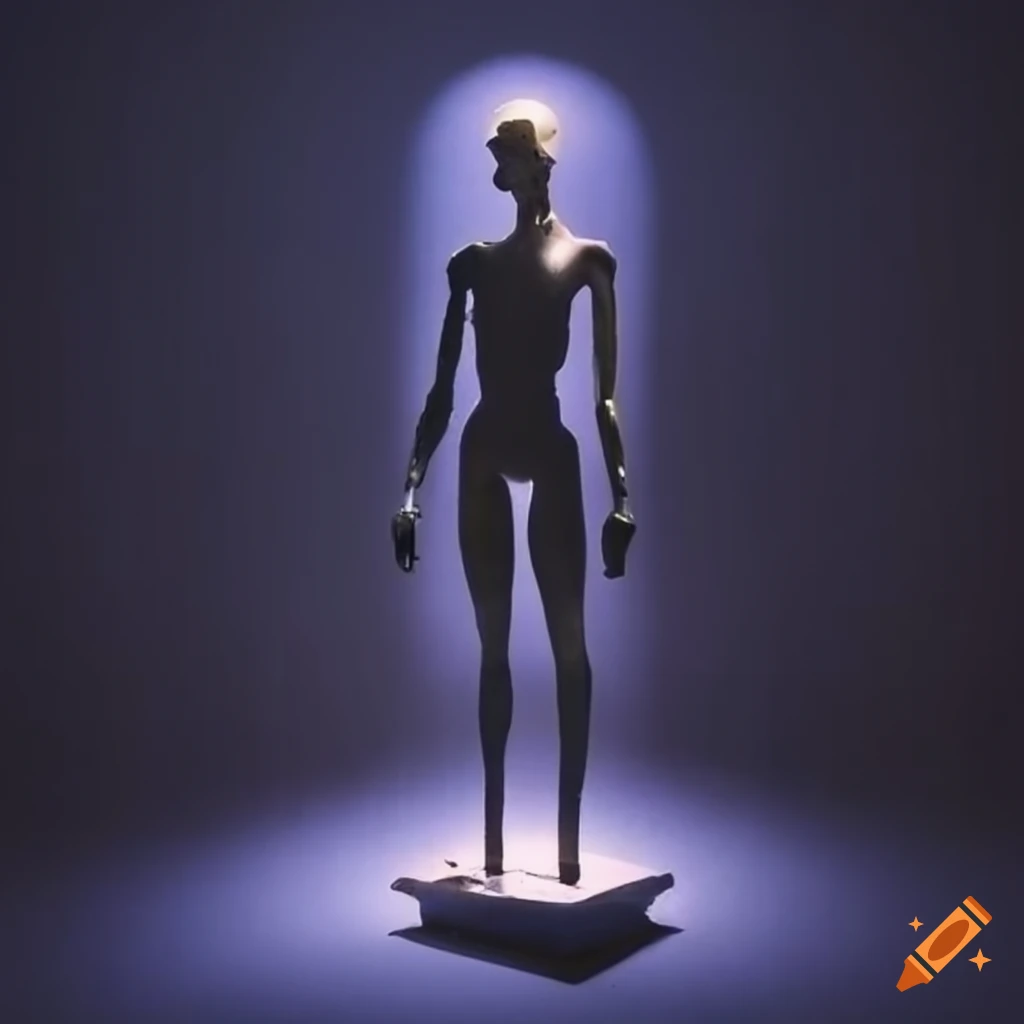 Backlit humanoid sculpture made of found objects on Craiyon