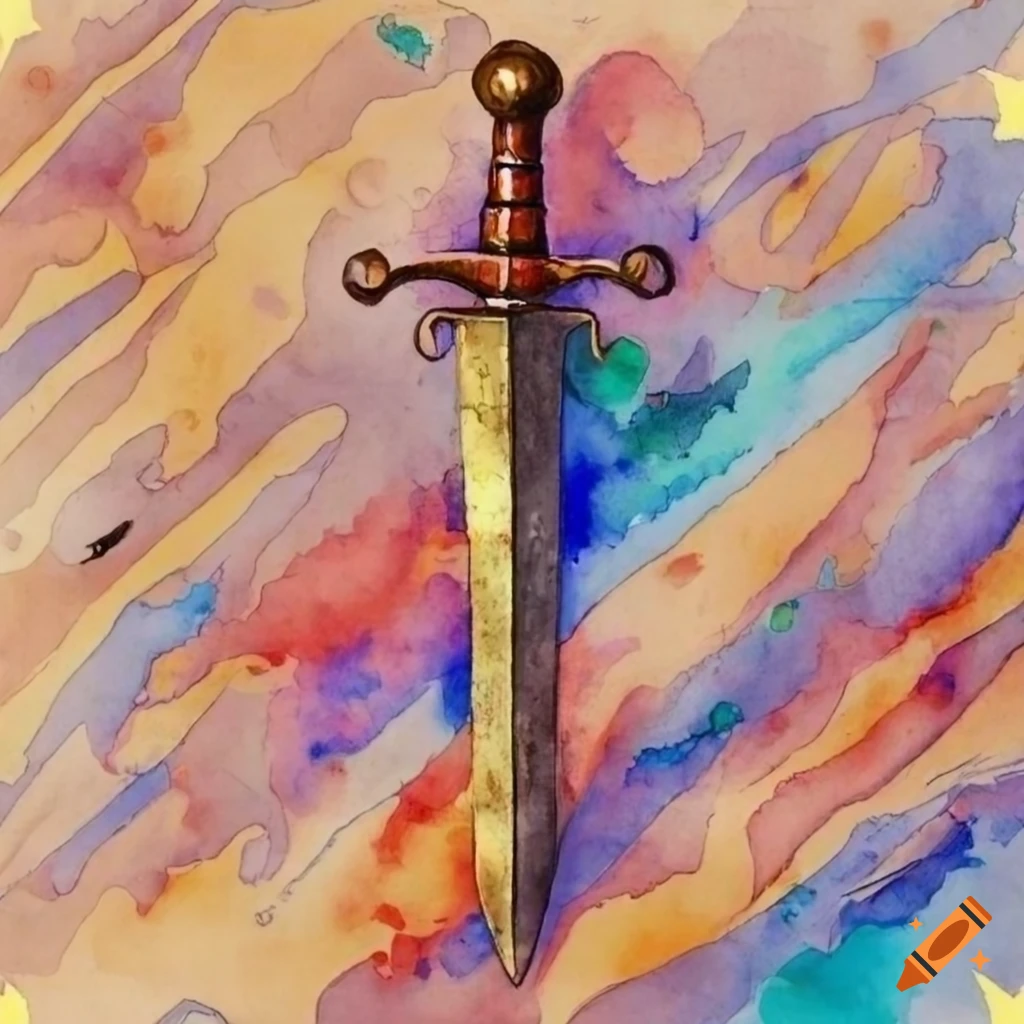 watercolor painting of a diagonal iron sword