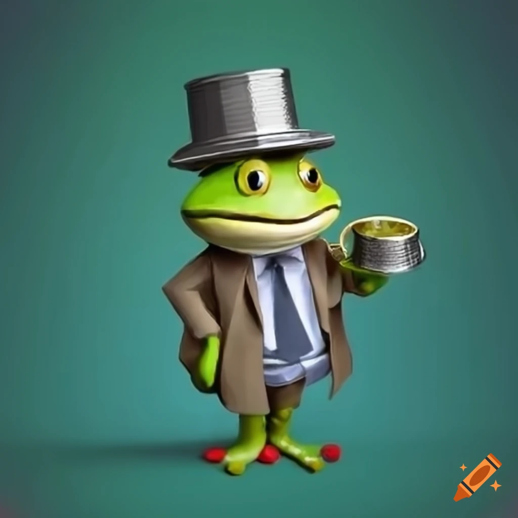 Illustration of a frog wearing a detective suit and a tin can as a hat