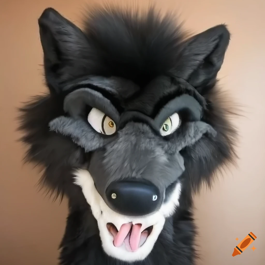 Close-up of a realistic black wolf fursuit head