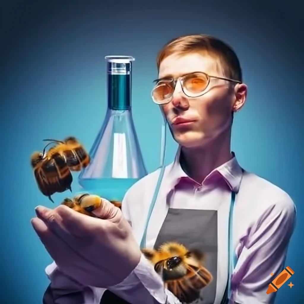 man holding a flask with bees