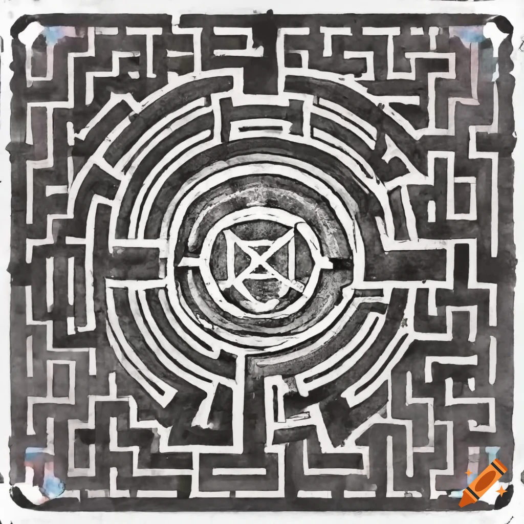 black and white line art of a labyrinth with a pentagram inside