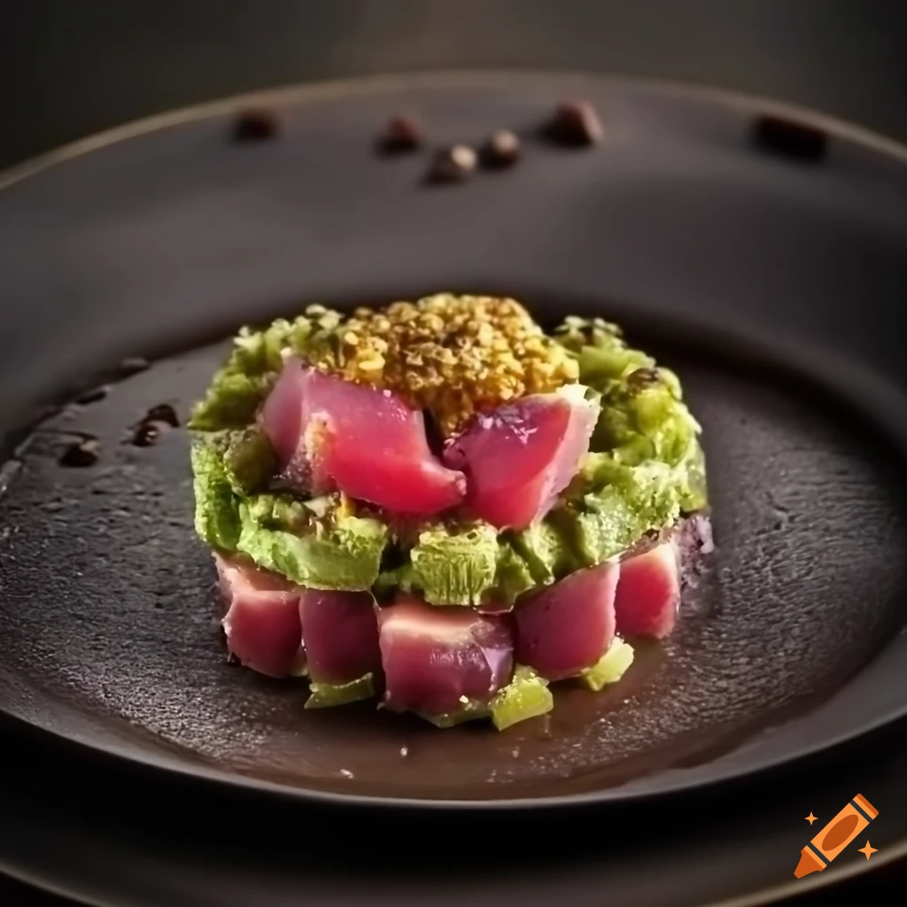 image of a decadent chocolate-coated treat with caramel and ahi tuna tartar