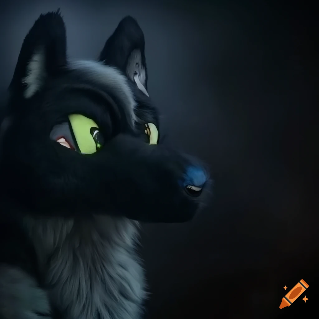 toony black wolf fursuit in a night forest
