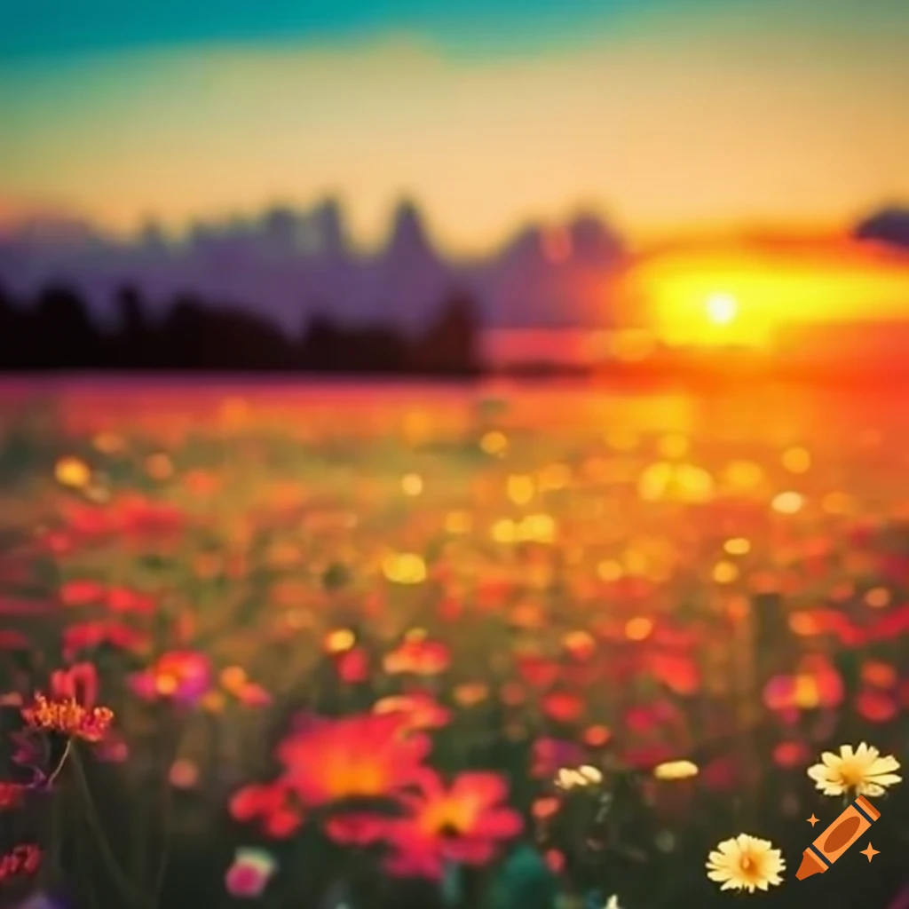 sunset over a field of flowers