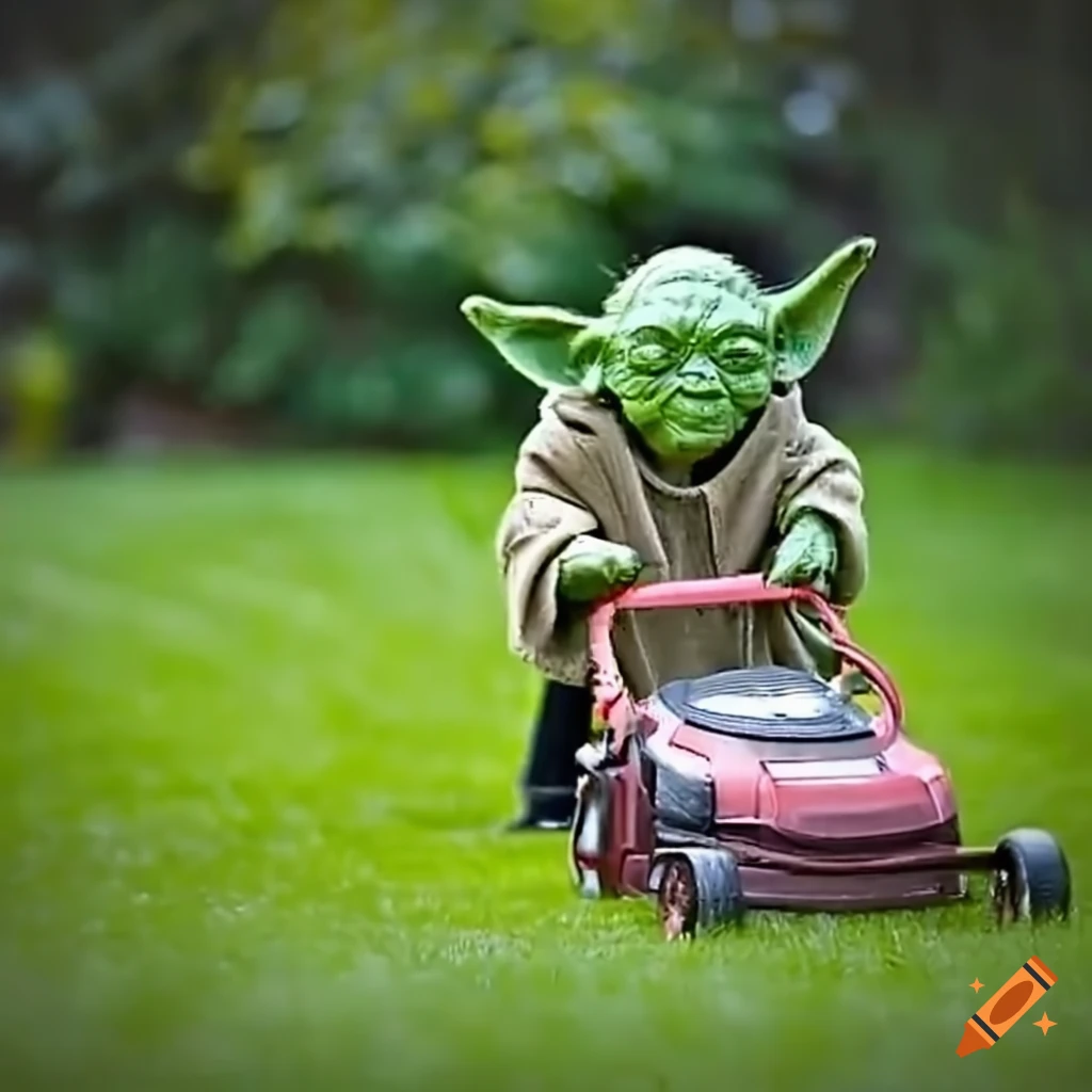 Yoda mowing the lawn with a push mower