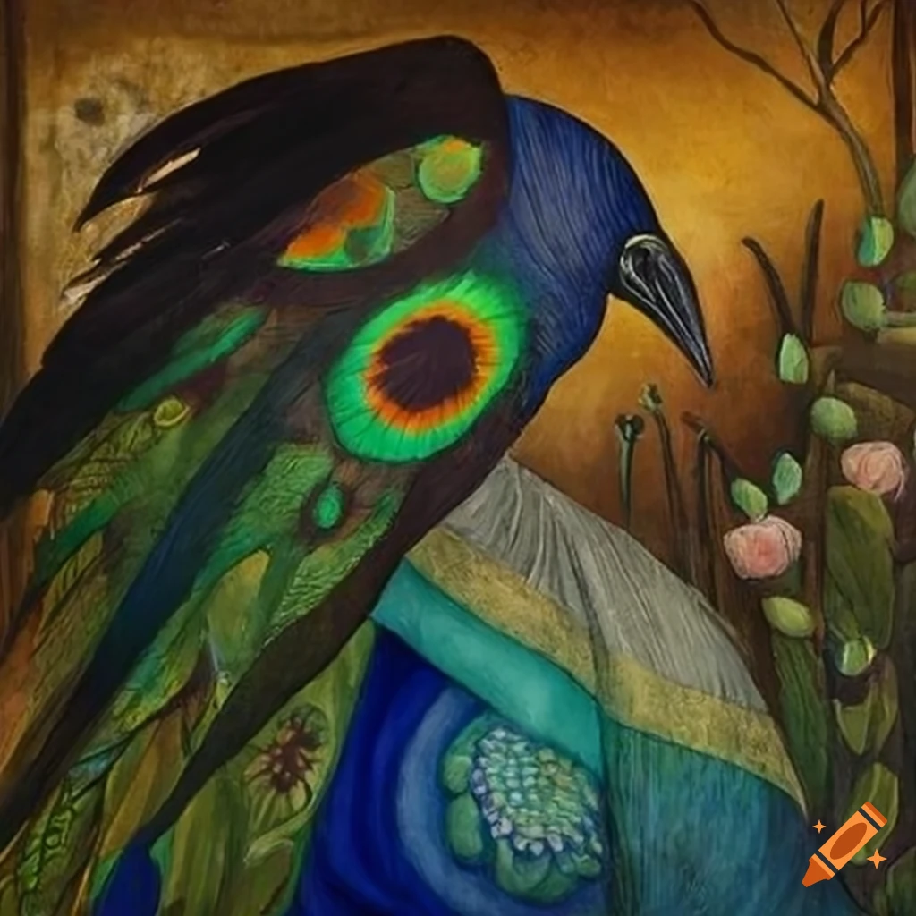 illustration of a raven in a colorful peacock feather cloak