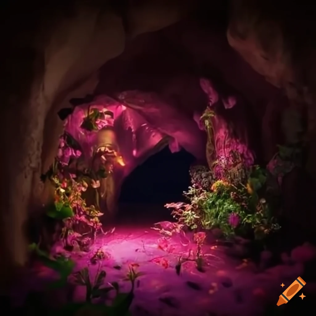 Night scene of a cave filled with plants and roses on Craiyon