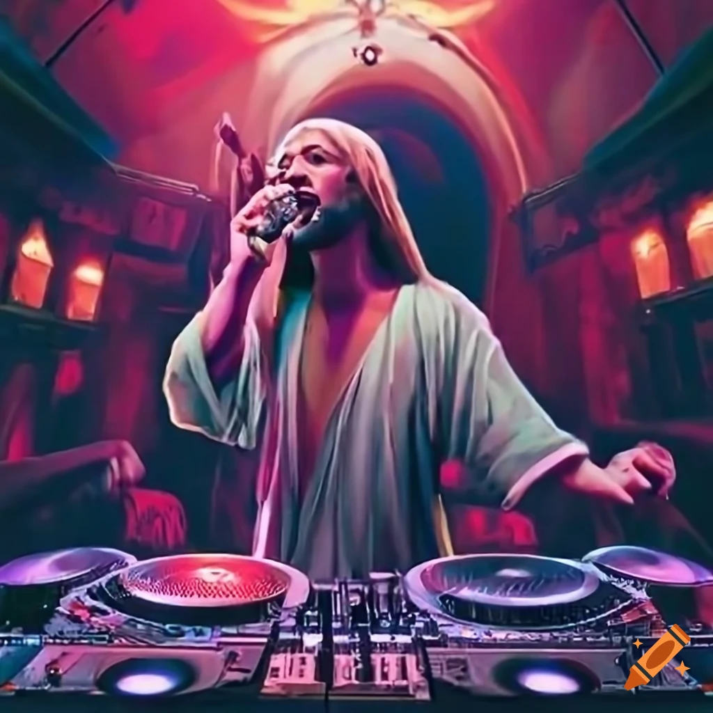 artwork of DJ Mixmaster Jesus in a nightclub