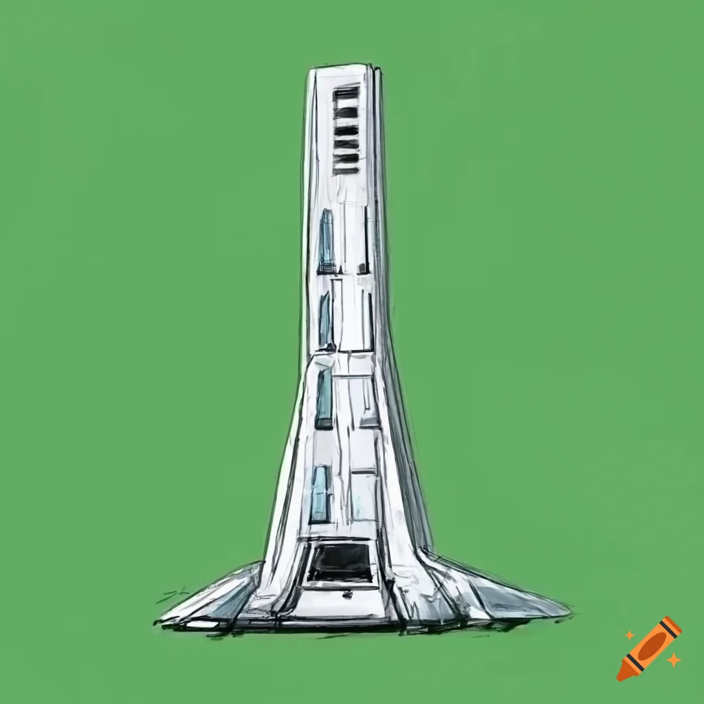 white metal futuristic tower on green screen background