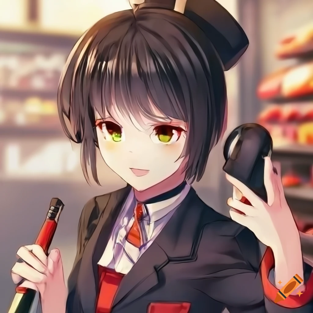 anime girl in gas station uniform with black hair and amber eyes