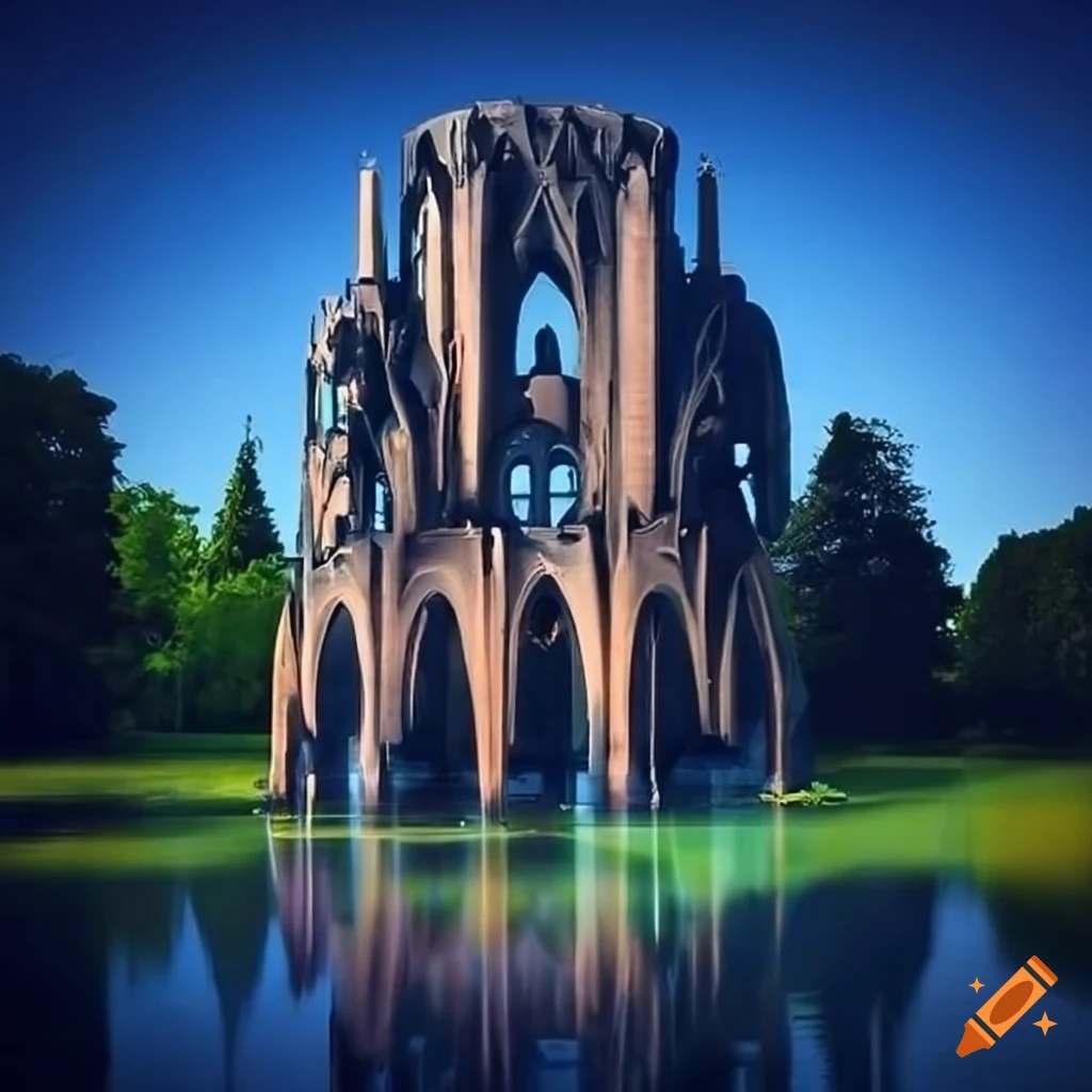 surrealist urban park with swamp and sculptures