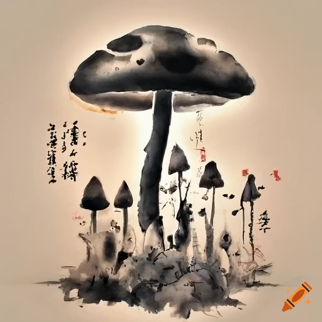 Chinese ink painting of mushrooms on Craiyon