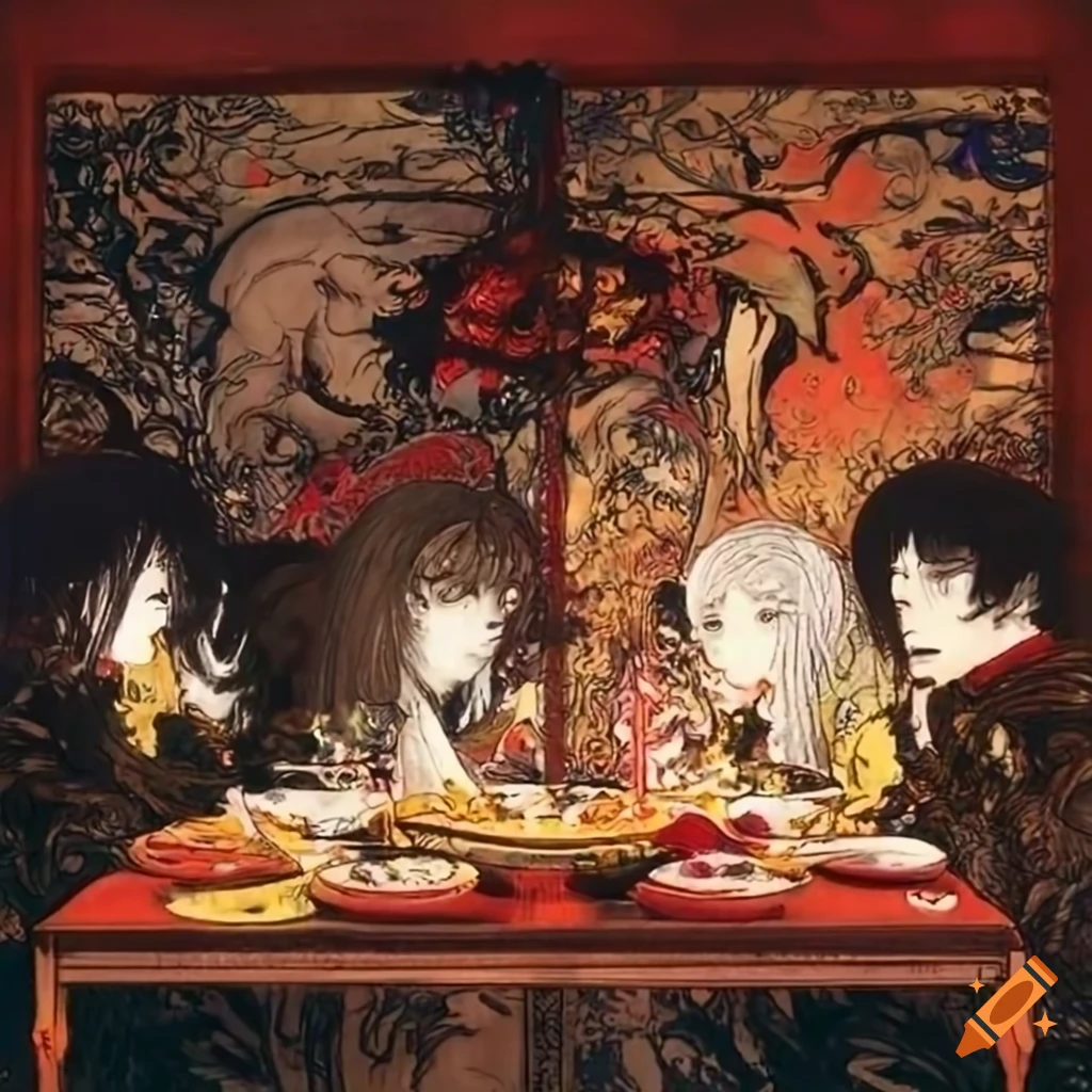 Yoshitaka Amano style feast on a dinner table