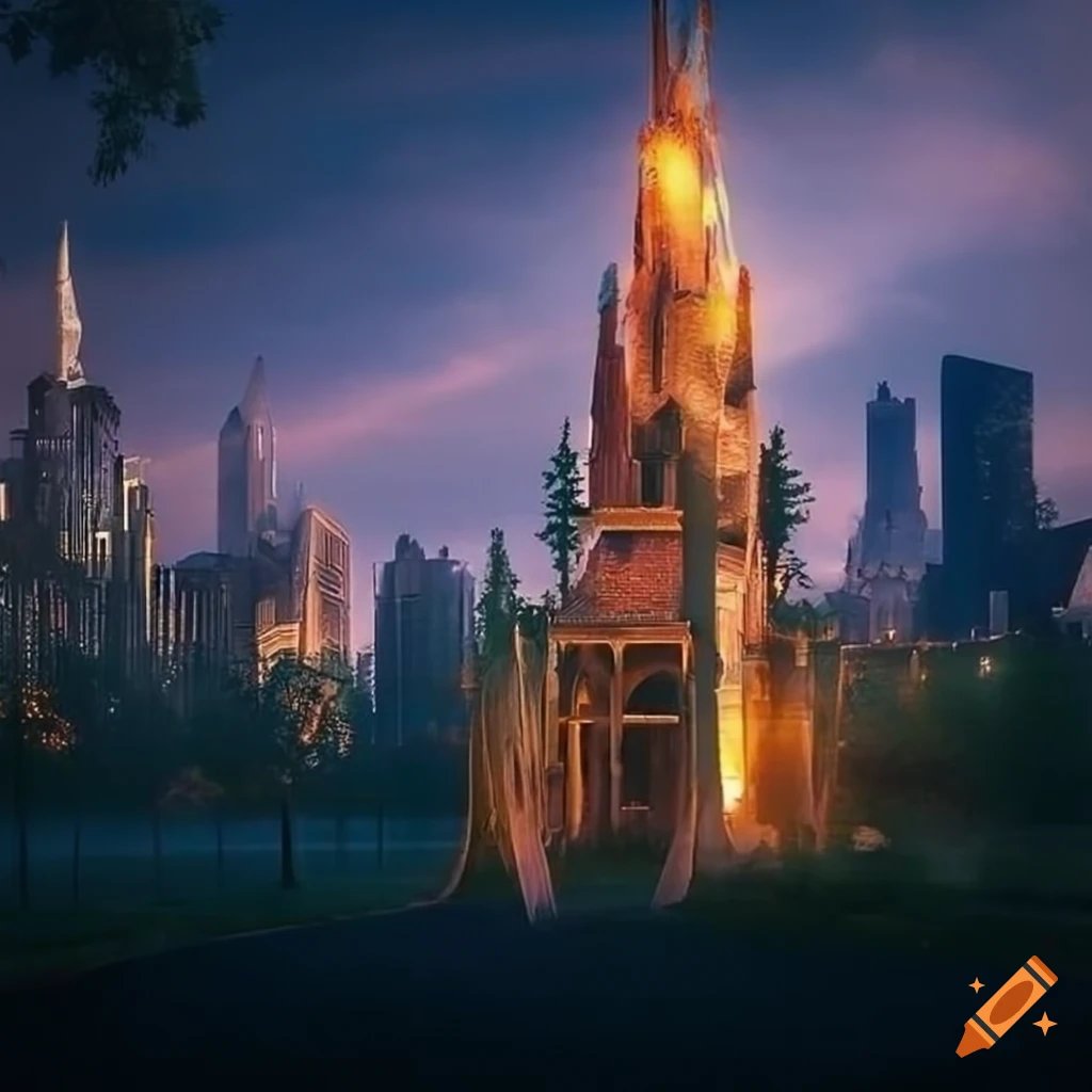 surrealistic urban park with modern sculptures and public lamps