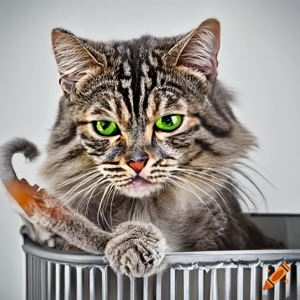 Funny cat digging in a trash can