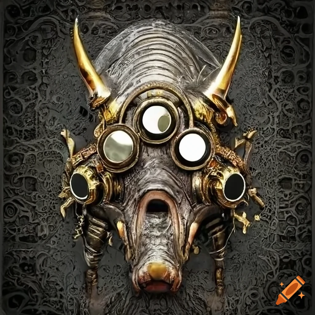 Biomechanical steampunk death mask on grungy metal backdrop on Craiyon