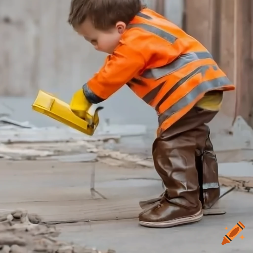 toddler boy in leather workwear on a construction site