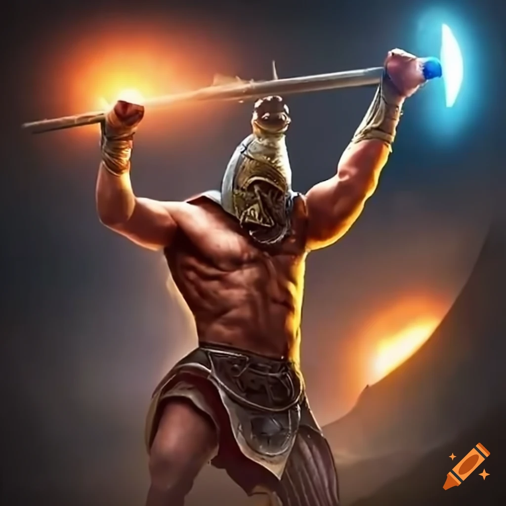 gladiator ready to jump, screaming and flexing with glowing eyes