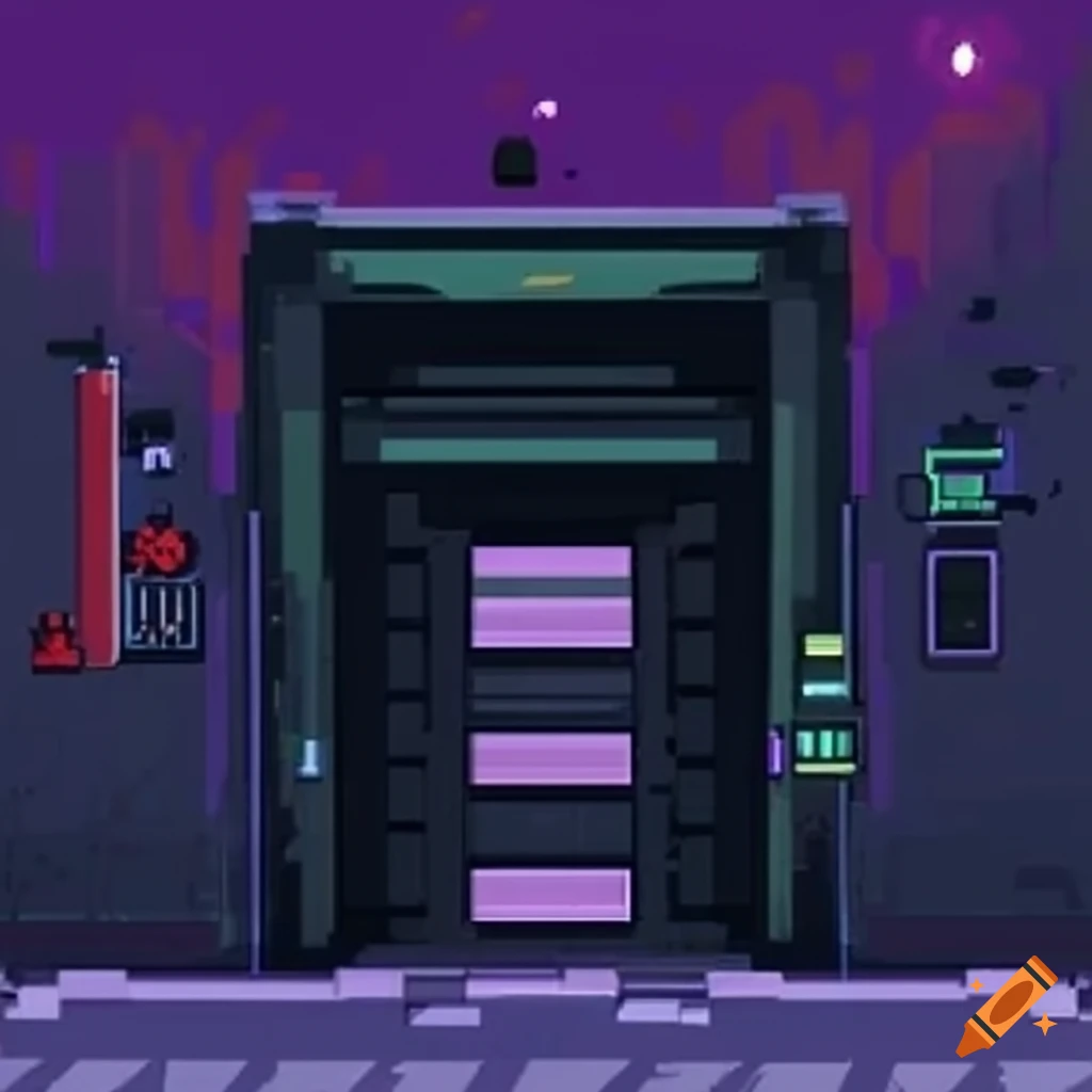 pixel art of a dark backstage alley door