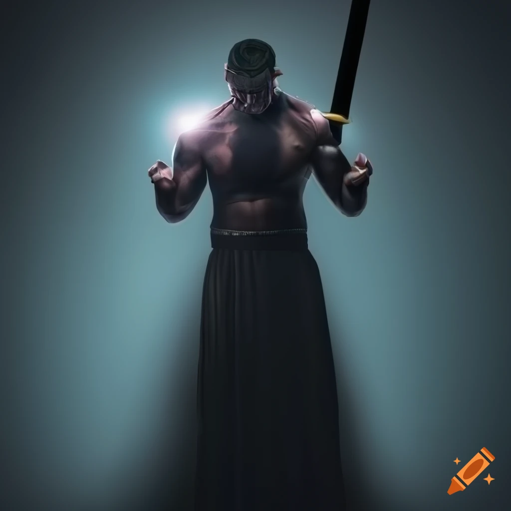 3D model of a black male fighter with muscular build and sword