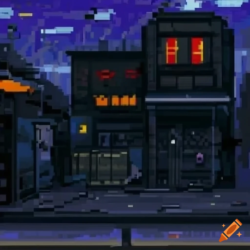 detailed dark noir street scene in pixel art