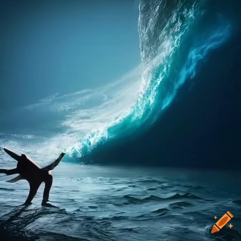 artwork of a satellite battling a giant wave
