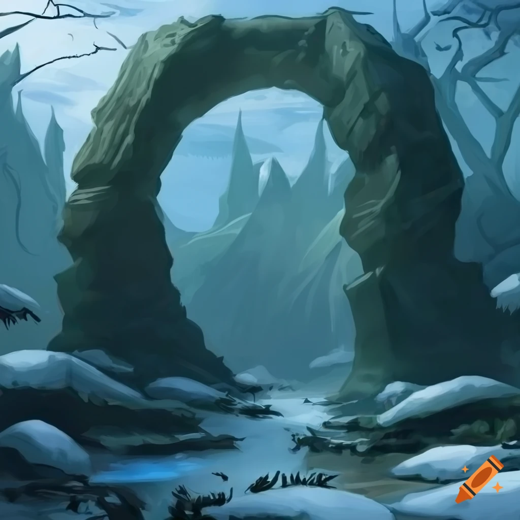 magic the gathering illustration of a snow-covered landscape with giant stone rings