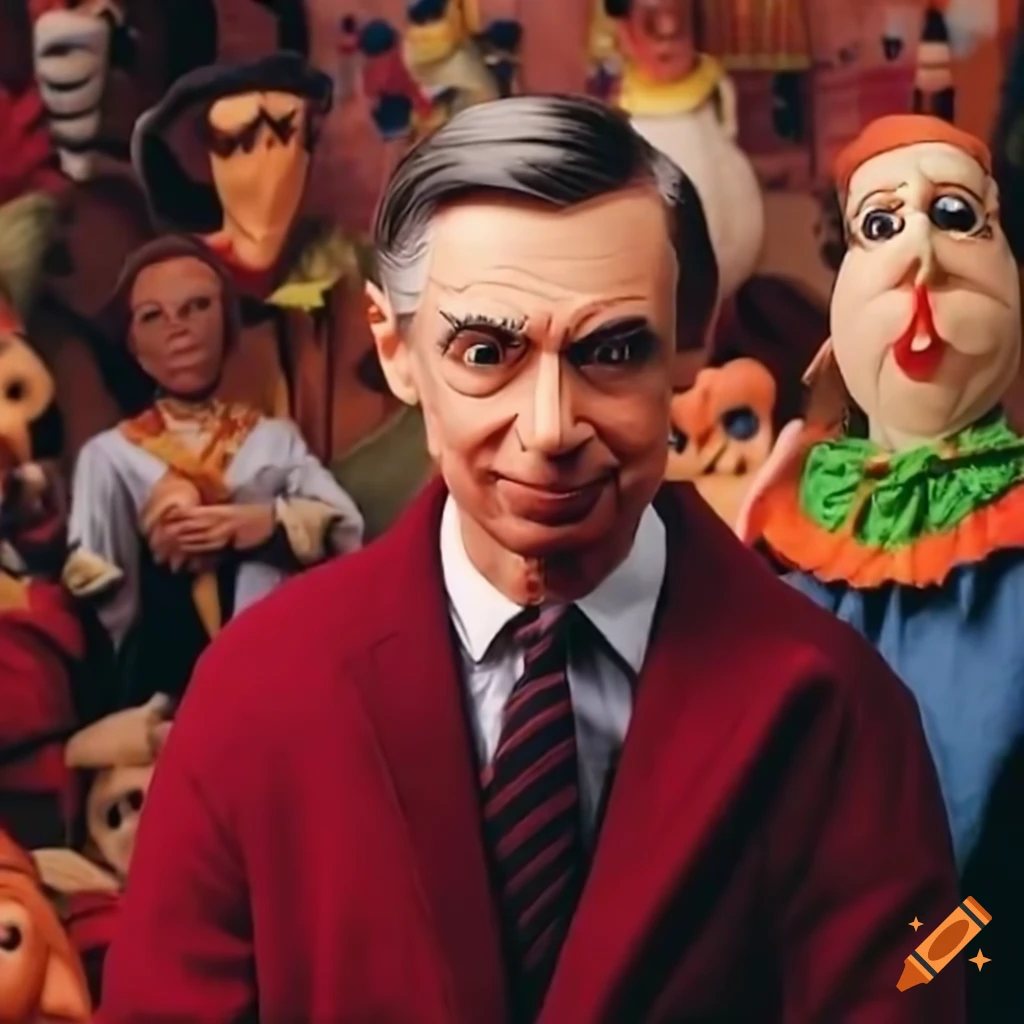 Artistic depiction of mr. rogers surrounded by puppets on Craiyon